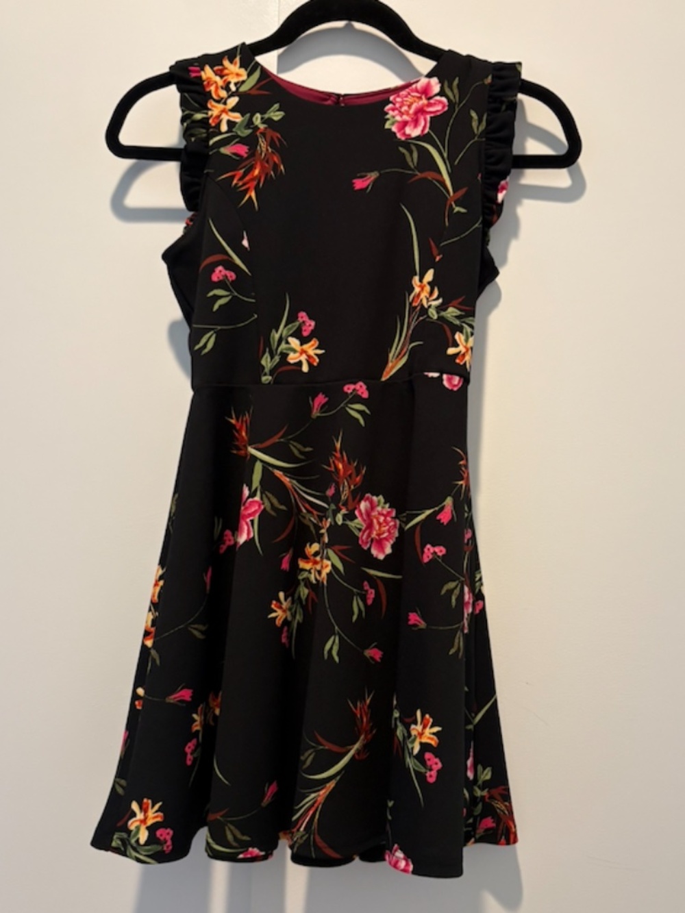 Ava & Yelly Floral Fit & Flare Dress Girls Size 10 Black Pink Ruffle Sleeve